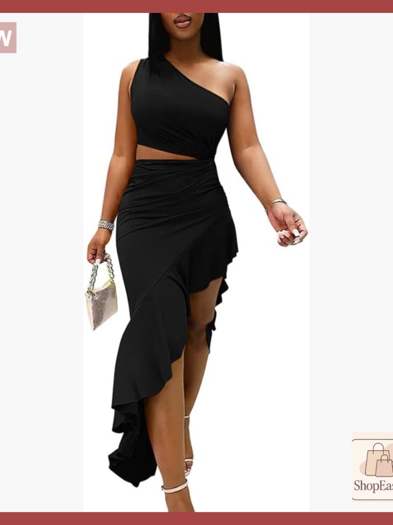 Sexy Bodycon Maxi Dress One Shoulder Ruffle Asymmetrical Cut Out Party Cocktail